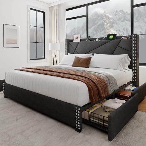 Light Grey Queen Bed Frame with 4 Storage Drawers Y837589