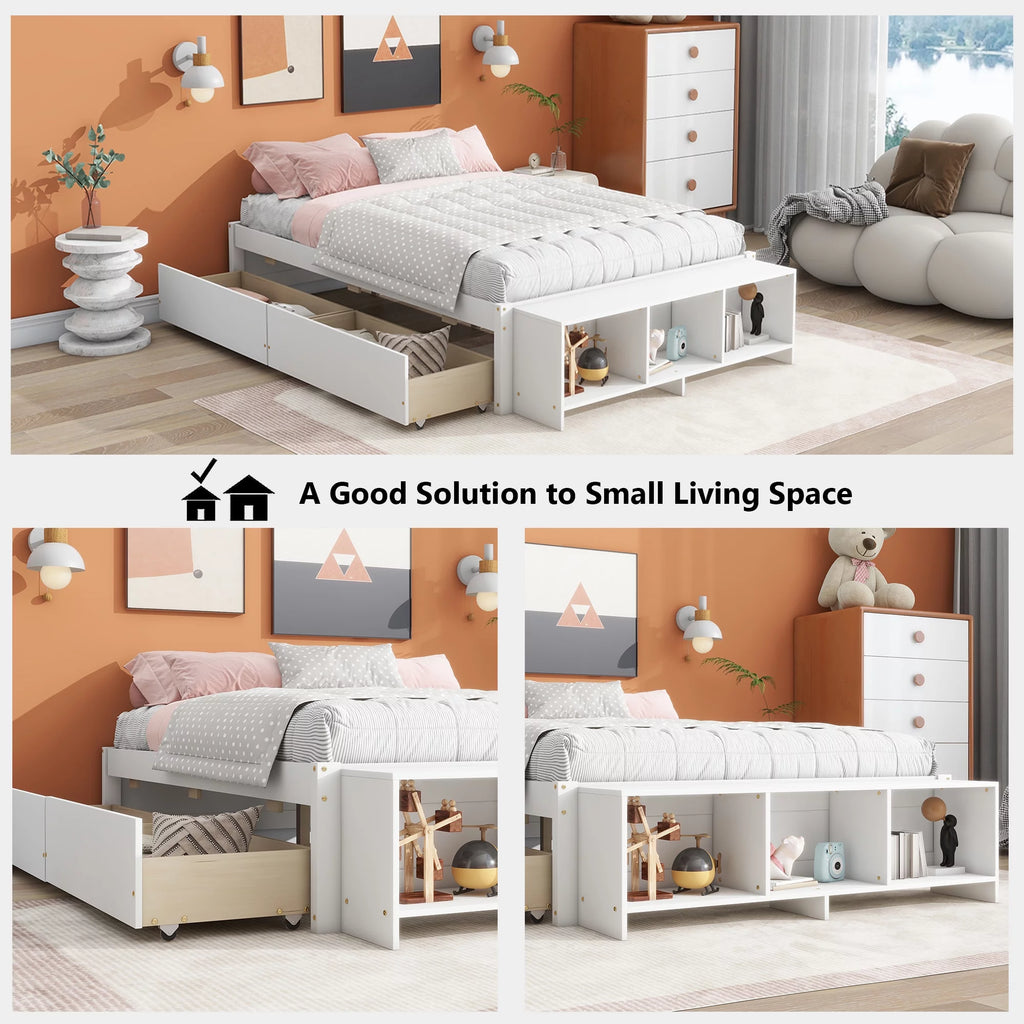 White Full Size Platform Bed with Storage Shelves and Drawer V221894