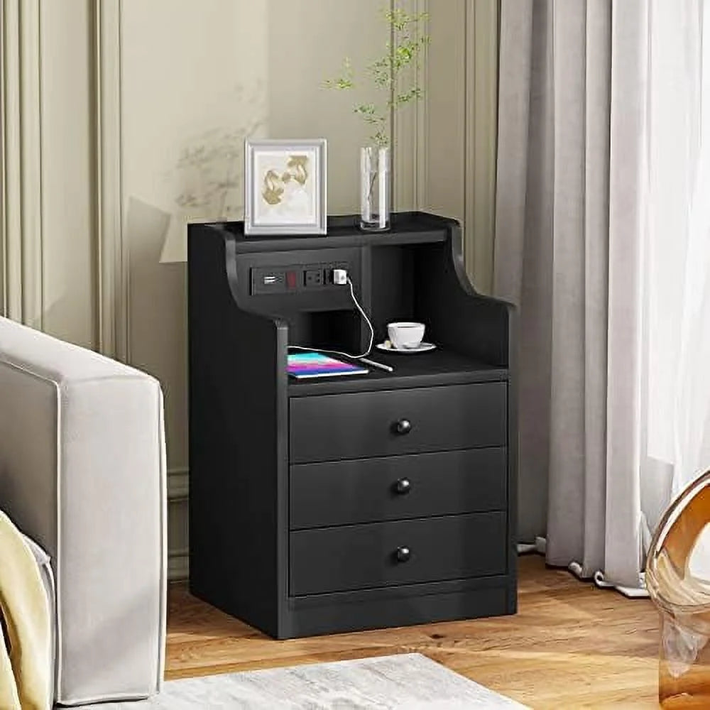 Black 3 Drawer Wood Nightstand with Charging Station J895