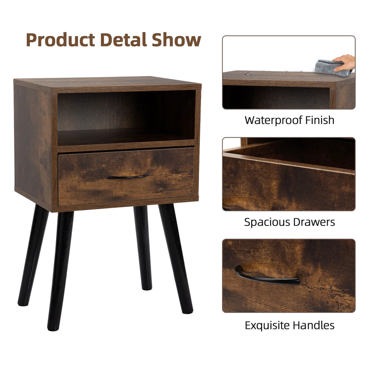Set of 2 Nightstand with Drawer and Shelf, Wood Frame and Metal Legs, Brown R60430