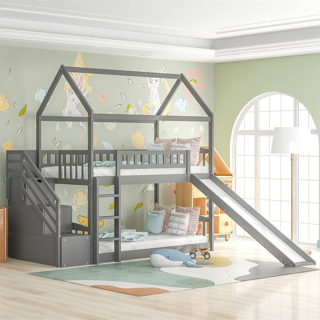 White Twin Over Twin Wood Bunk Bed with Slide and Storage Staircase Y3206
