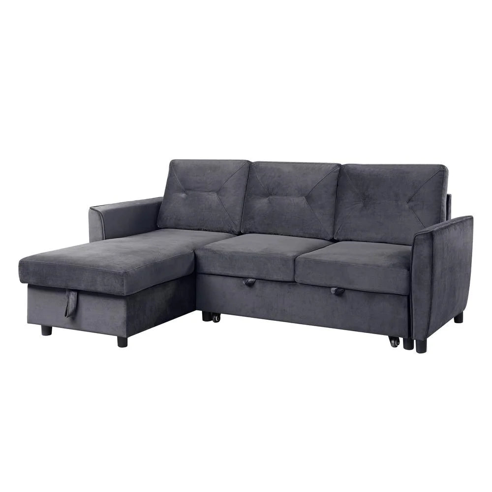 Dark Gray Velvet Reversible Sleeper Sectional Sofa with Storage Chaise D9729