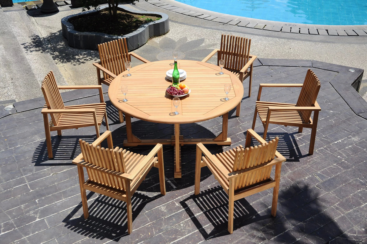 Grade-A Teak 7 Pc Dining Set 60" Round Table 6 Stacking Arm Chairs D4169