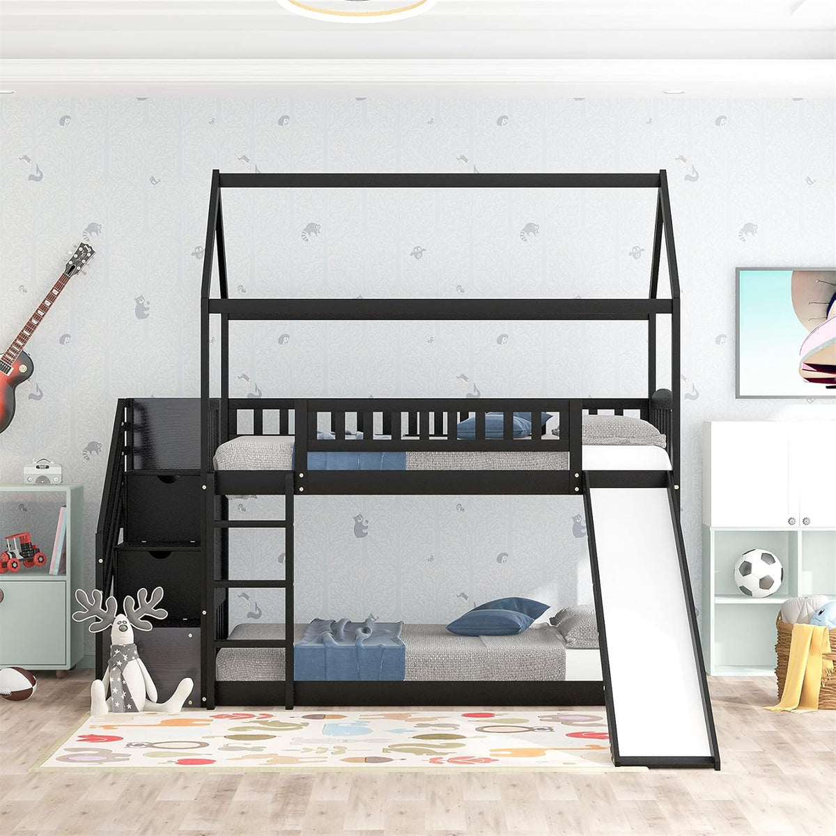 White Twin Over Twin Wood Bunk Bed with Slide and Storage Staircase Y3206
