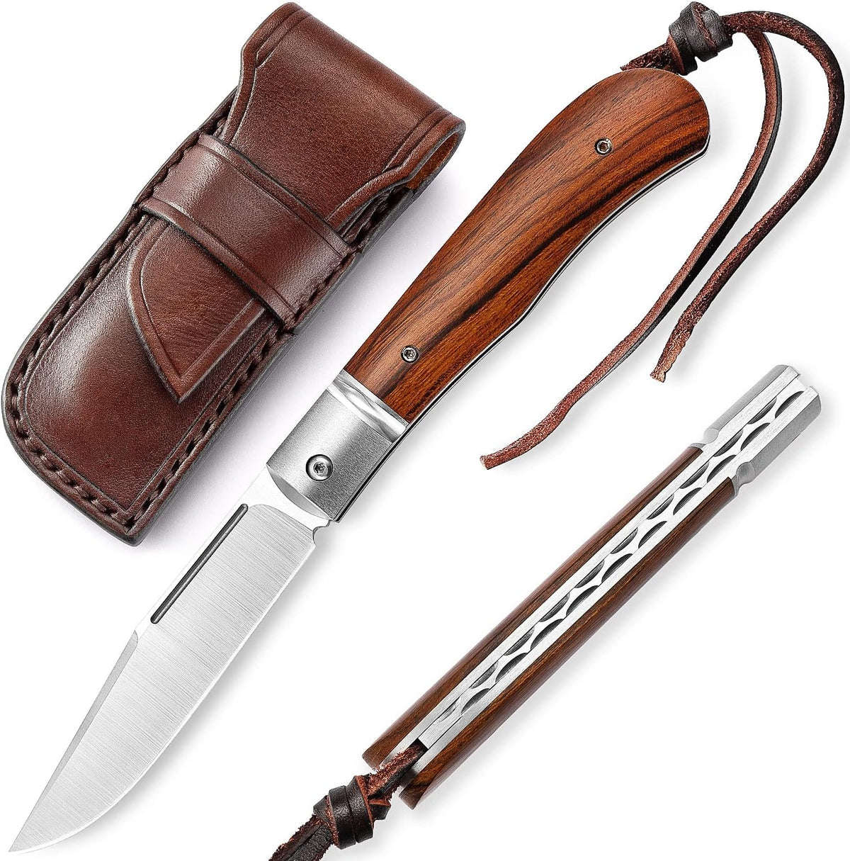 Folding Pocket Barlow Knife with Leather Sheath, 3in Bohler M390 Steel Blade, TC4 Ti Alloy & OX Bone Handle R557