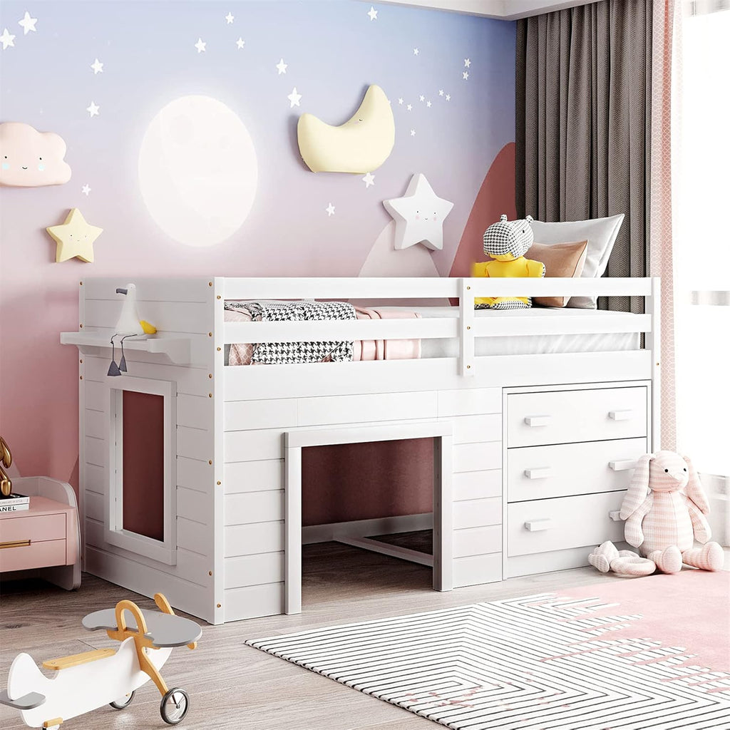 Espresso Wood Twin Low Loft Bed Frame with Storage Drawers P6177