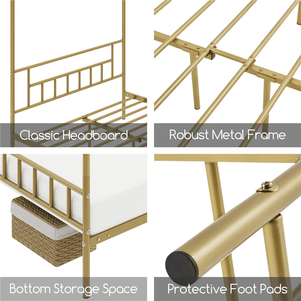 White Twin Metal Canopy Bed Frame with Headboard and Footboard E1617