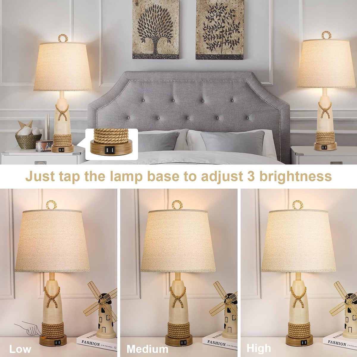 Set of 2 Dimmable Touch Lamps with USB Ports, Resin Nautical Drum Shade A708