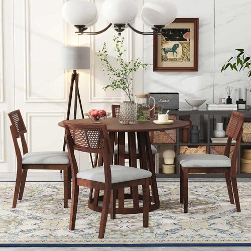 5-Piece Wood Dining Table Set with 4 Upholstered Chairs, Walnut P972177