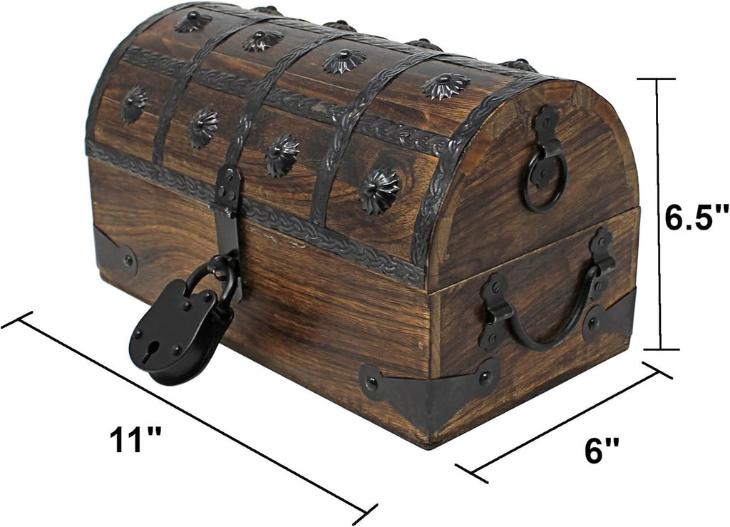 Pirate Treasure Chest with Iron Lock and Skeleton Key Wooden Storage Box A84938