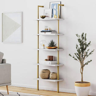 White 5-Shelf Ladder Bookshelf with Gold Metal Frame F372905