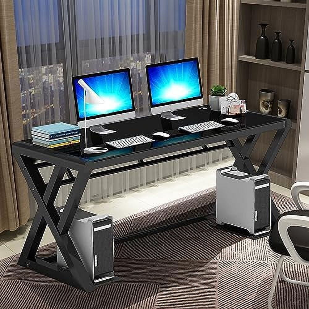 Glass Top X-Frame Metal Computer Desk 55.1 inches D210