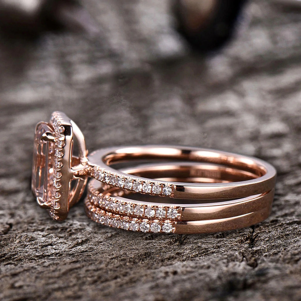 Emerald Cut Morganite Bridal Ring 10k Rose Gold Half Eternity N606917