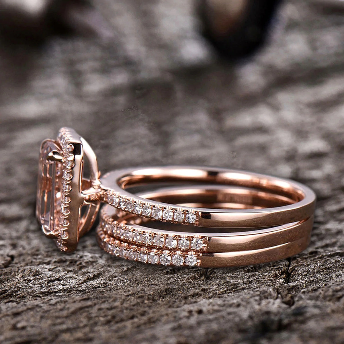 Emerald Cut Morganite Bridal Ring 10k Rose Gold Half Eternity N606917