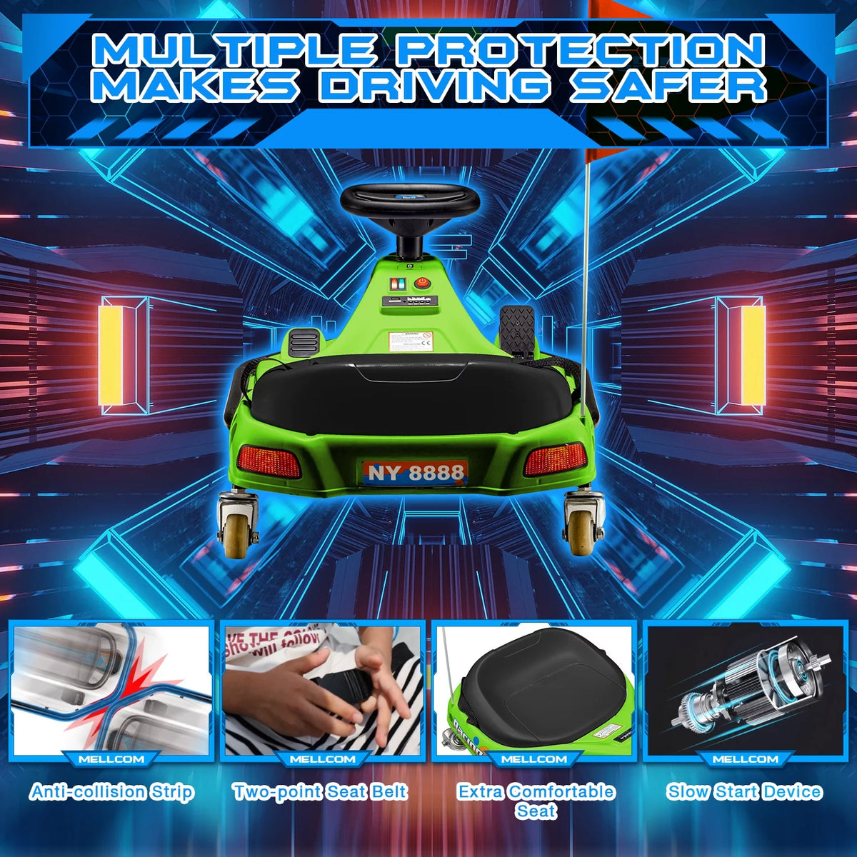 12V Electric Drift Go-Kart with Music Bluetooth LED Lights Blue Y852496