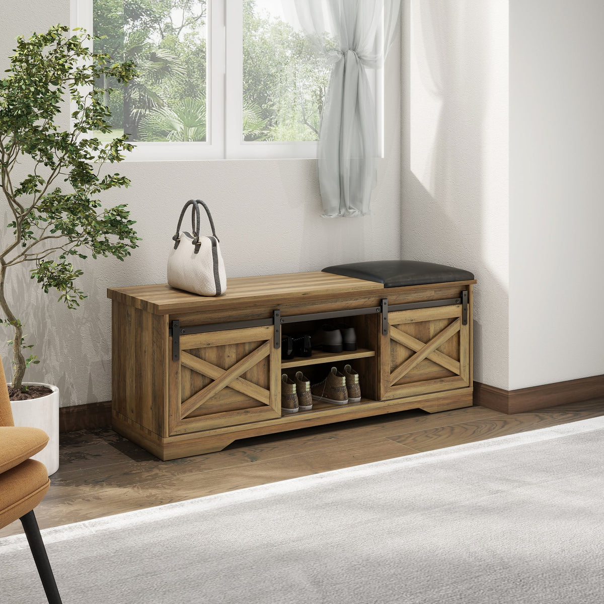 Brown Shoe Storage Bench with Cushion and Doors L82573
