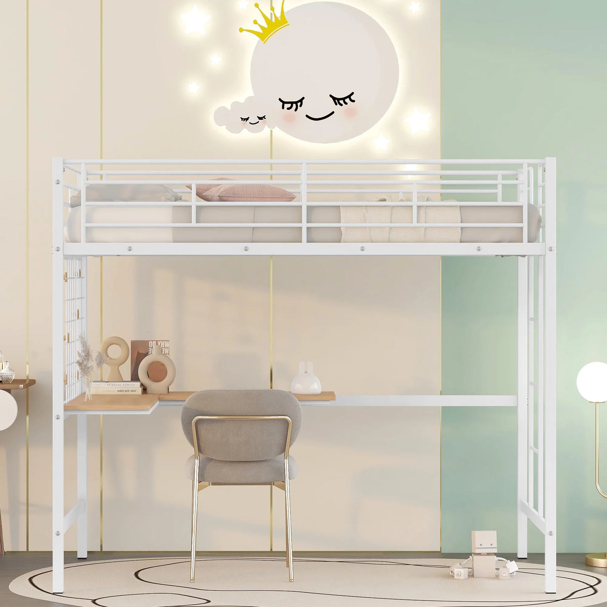 White Twin Metal Loft Bed with Desk, Ladder and Guardrail F17323