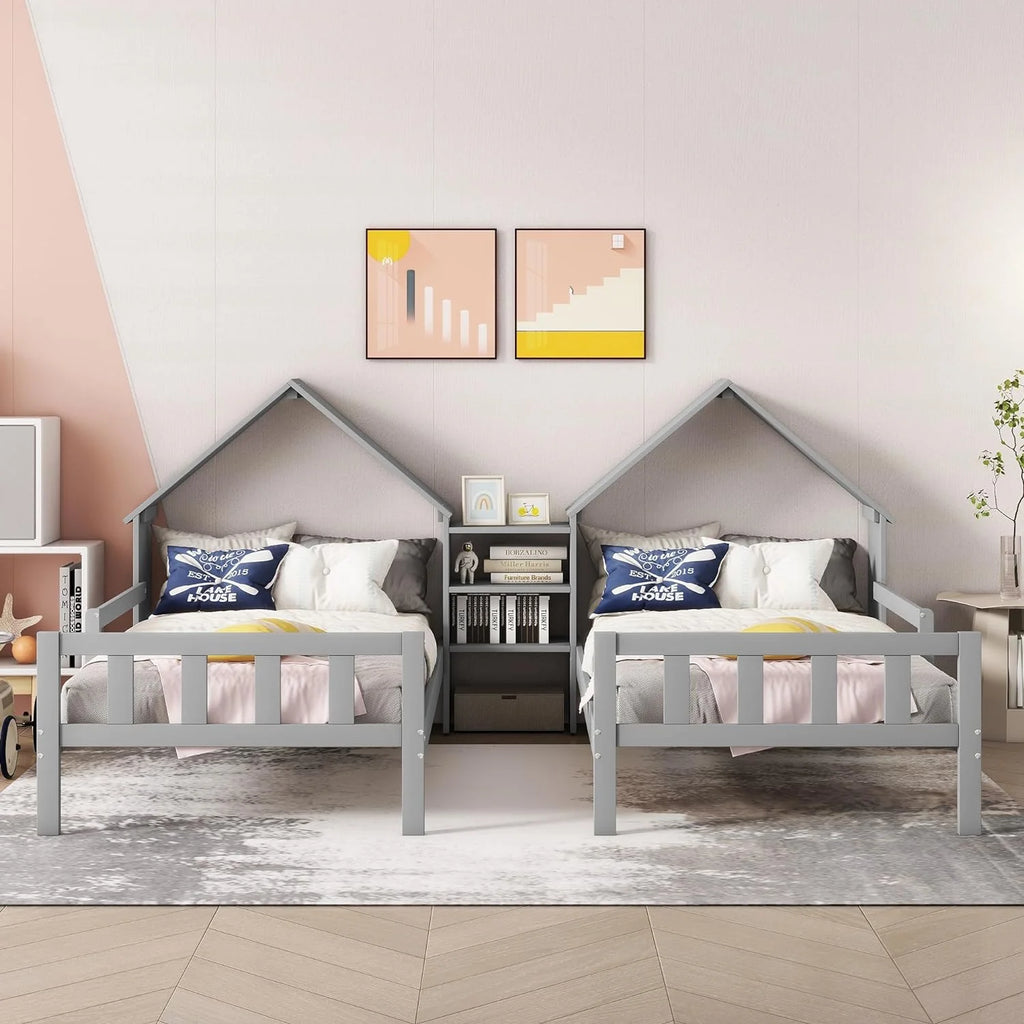 Wood Double House Bed with House-Shaped Headboard and Nightstand J26225