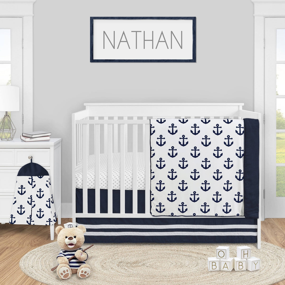 Navy Blue White Anchors 4 Pieces Crib Bedding Set E9697