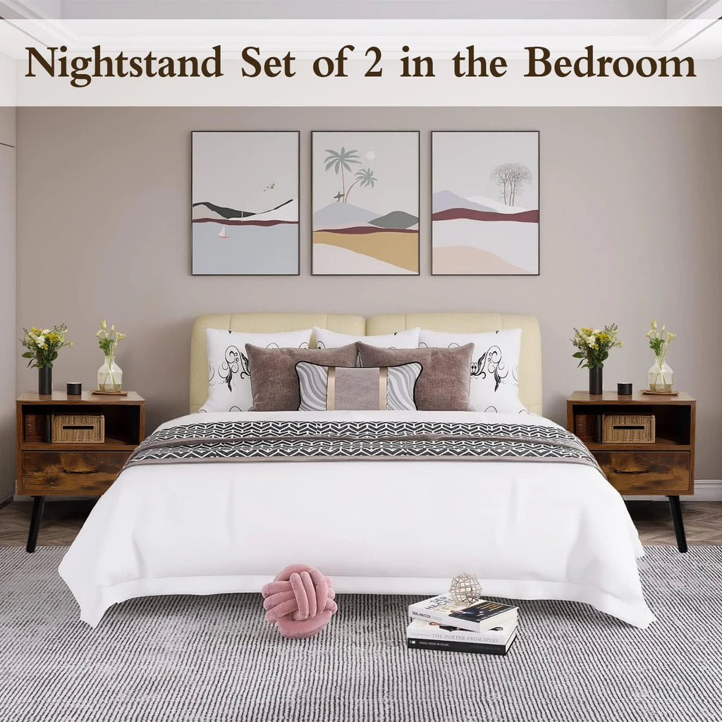 Set of 2 Nightstand with Drawer and Shelf, Wood Frame and Metal Legs, Brown R60430