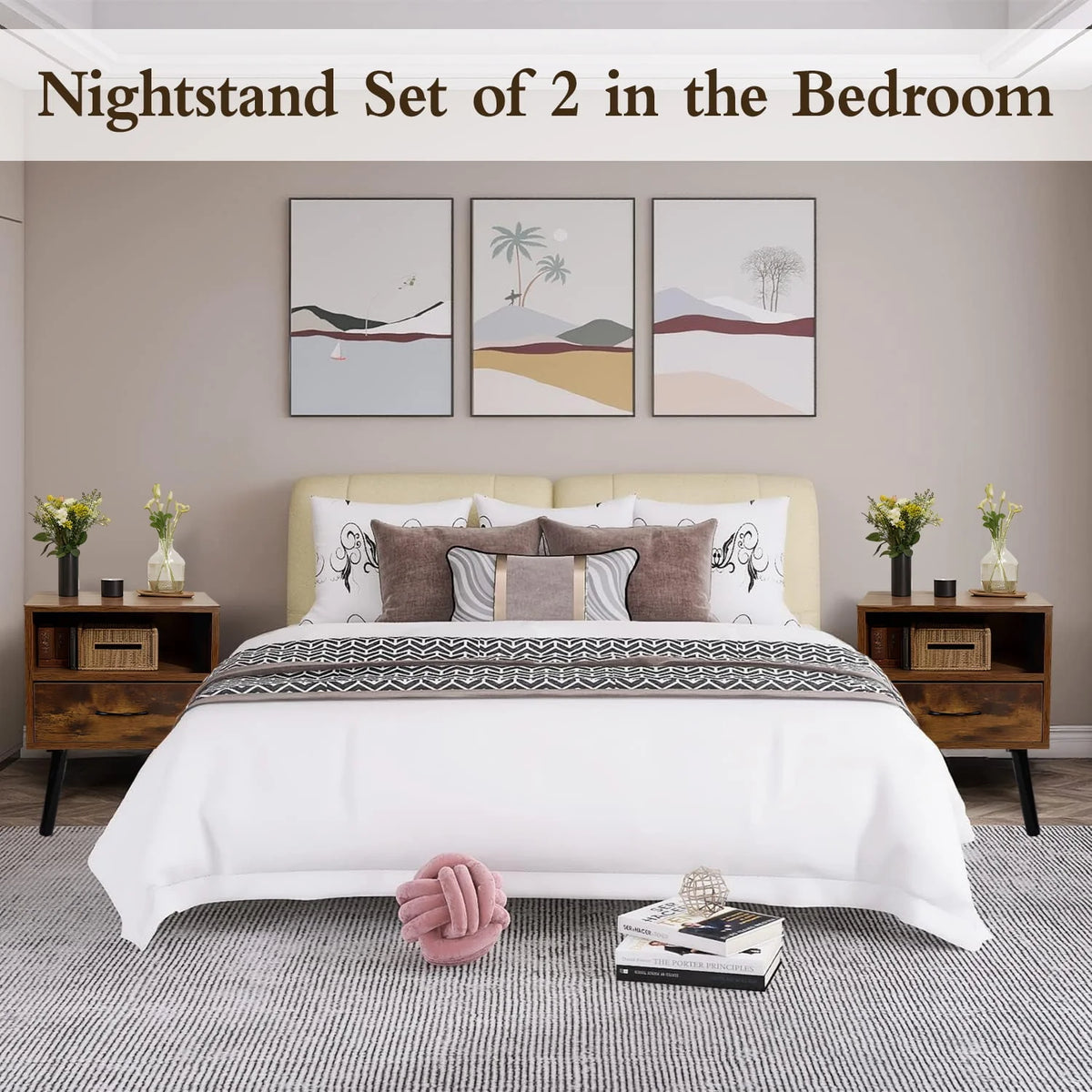 Set of 2 Nightstand with Drawer and Shelf, Wood Frame and Metal Legs, Brown R60430