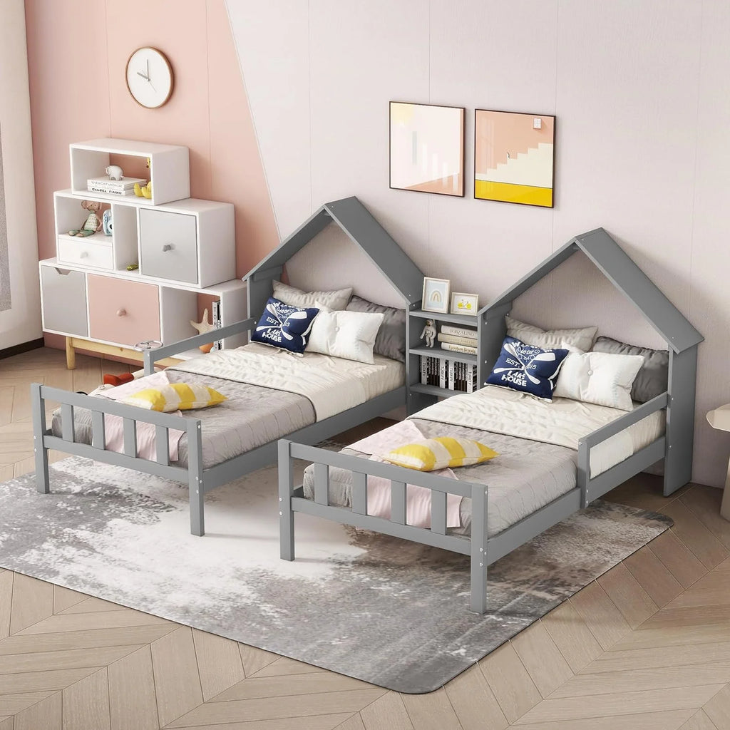 Wood Double House Bed with House-Shaped Headboard and Nightstand J26225