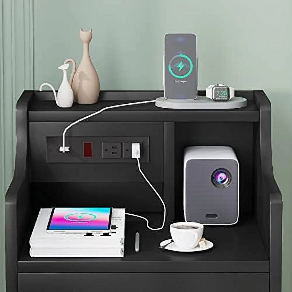 Black 3 Drawer Wood Nightstand with Charging Station J895
