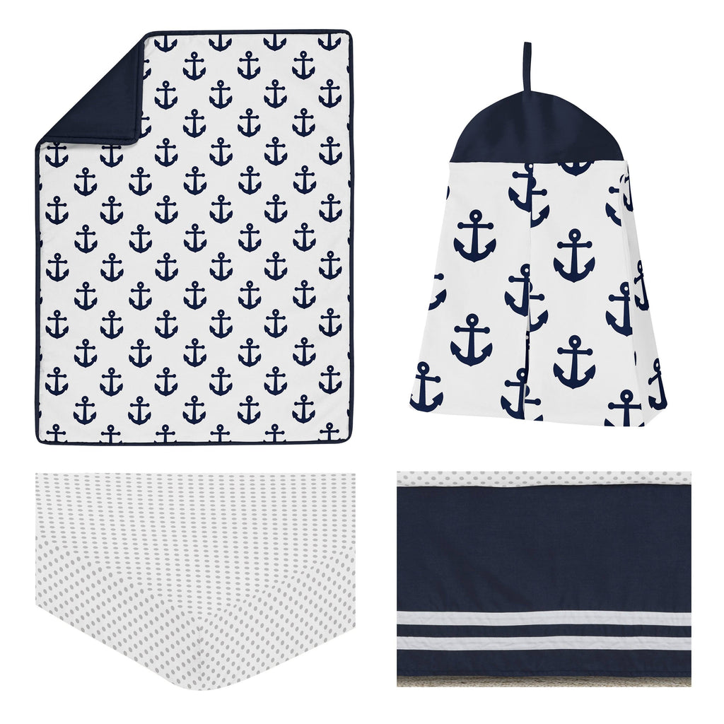 Navy Blue White Anchors 4 Pieces Crib Bedding Set E9697