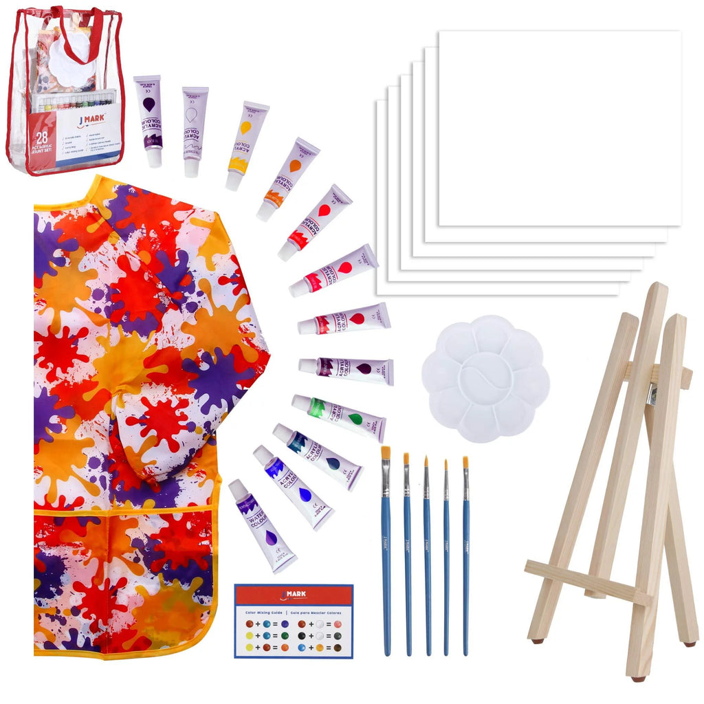 Acrylic Painting Kit with Storage Bag, Non Toxic Washable Paints, Wood Easel, Canvases, Brushes W830583
