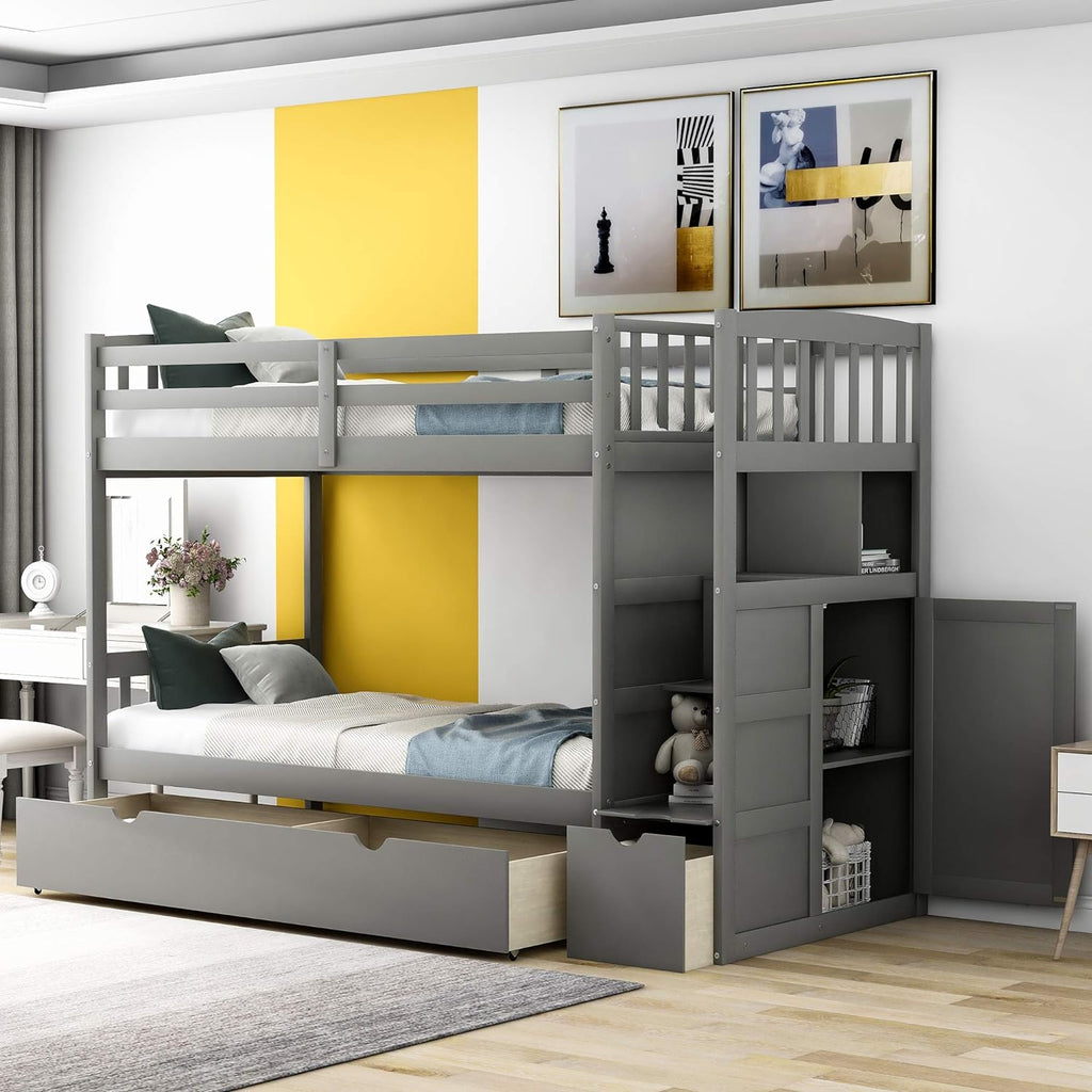 White Twin Over Twin Wood Bunk Bed with Slide and Storage Staircase Y3206