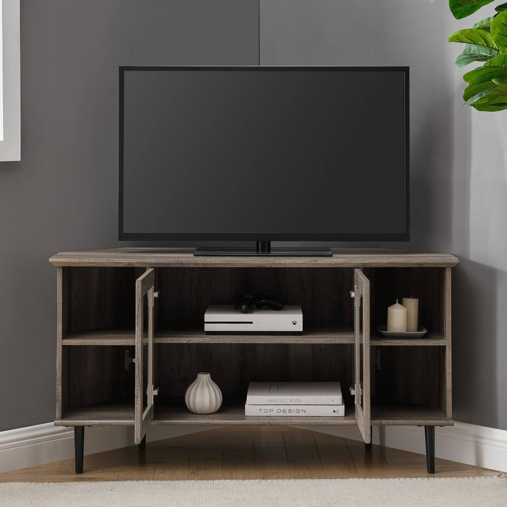 Dark Walnut Glass Door Corner TV Console Q57970
