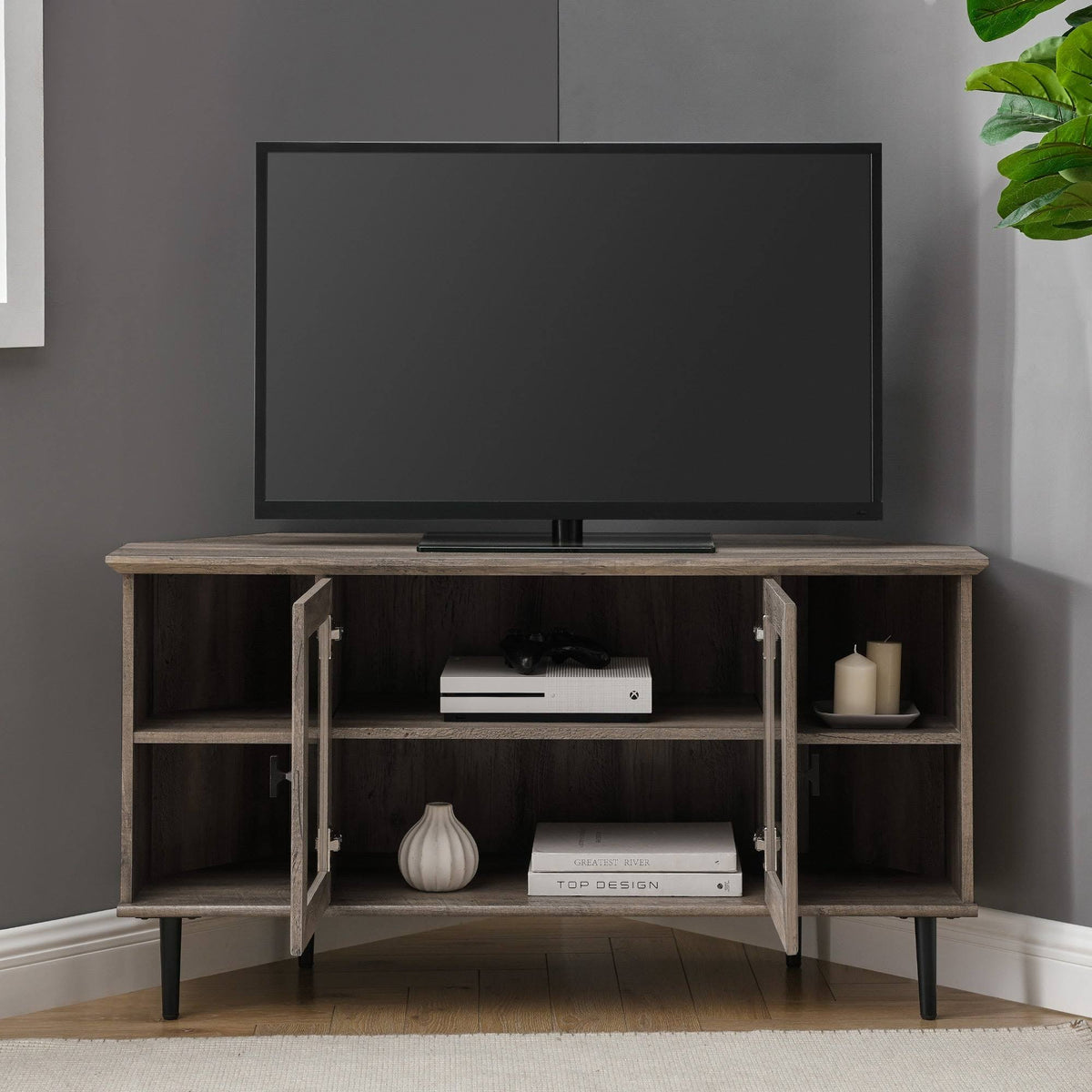 Dark Walnut Glass Door Corner TV Console Q57970