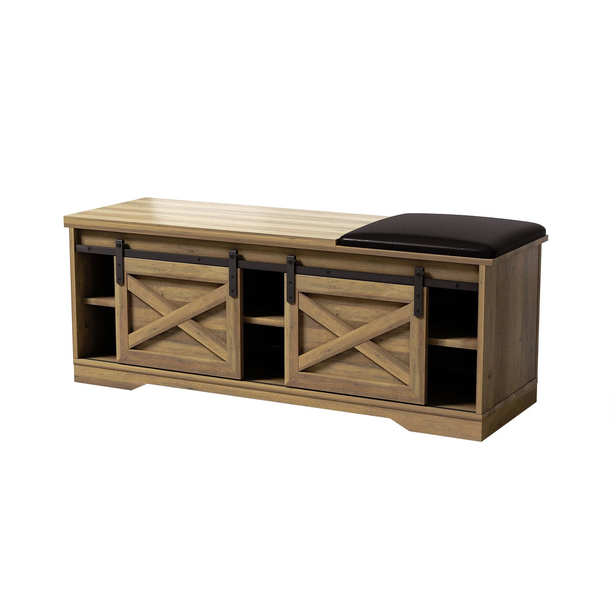 Brown Shoe Storage Bench with Cushion and Doors L82573