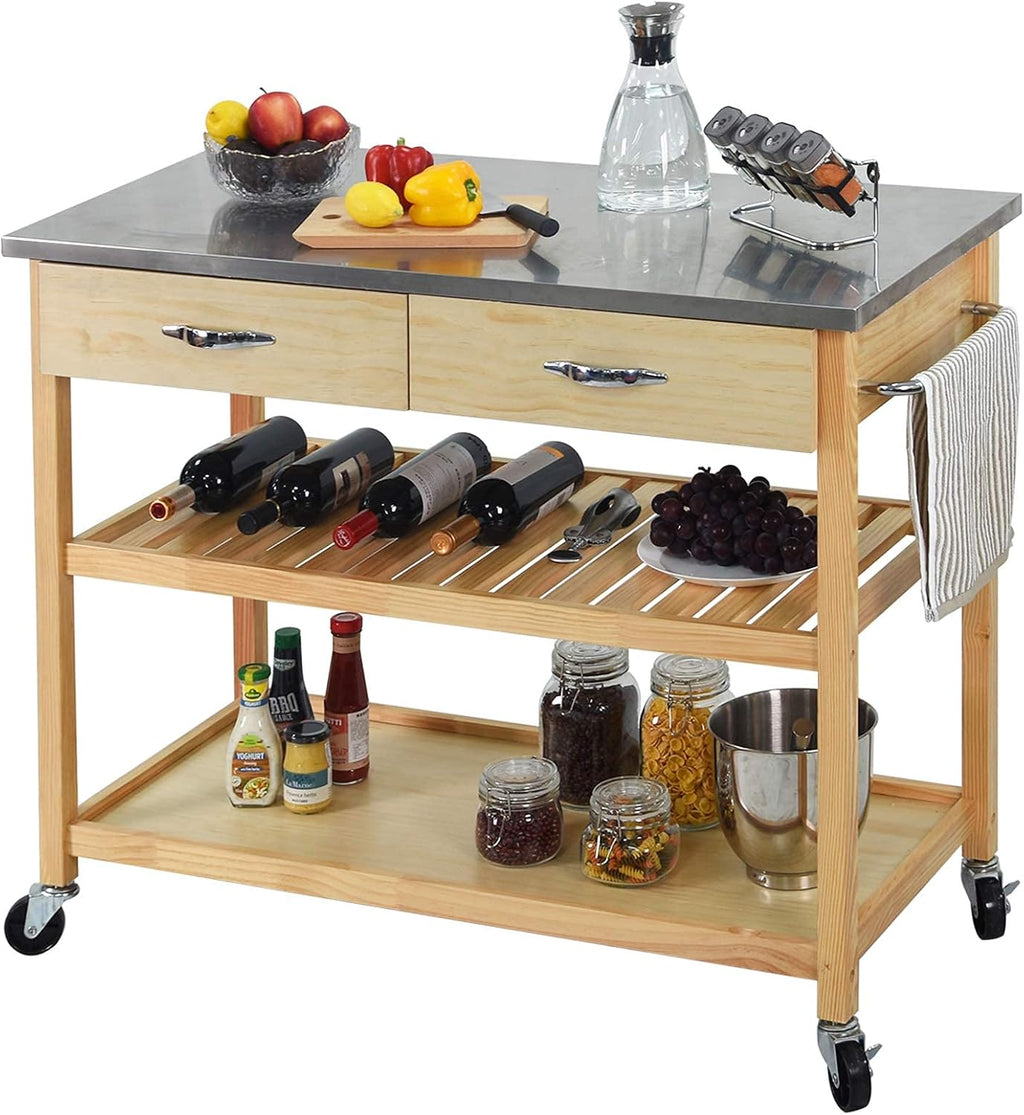 Kitchen Island Cart with Wheels Stainless Steel Counter Top 3 Tier Rolling A6754