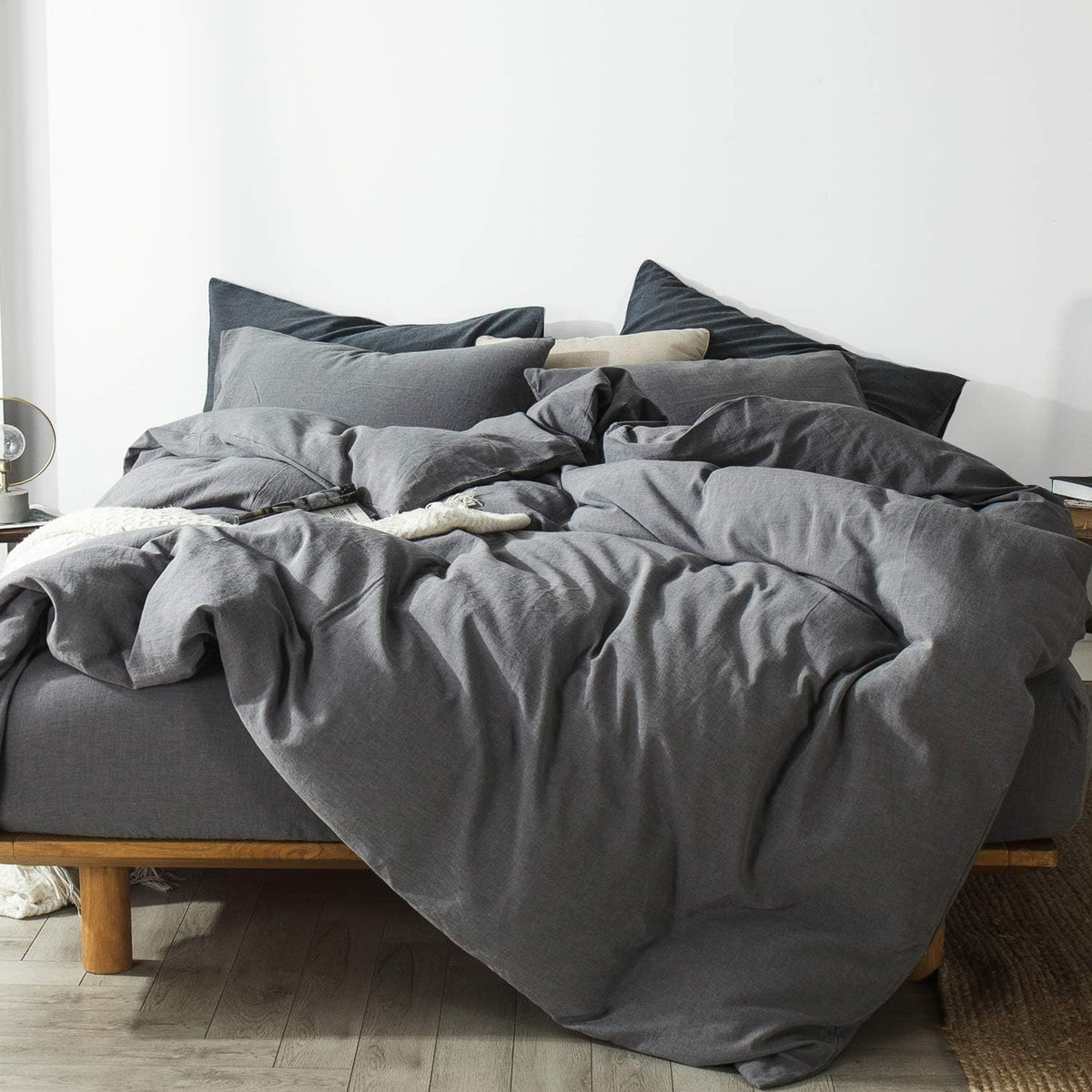 Pre-Washed Cotton Duvet Cover Set Heathered Dark Gray Queen R3825