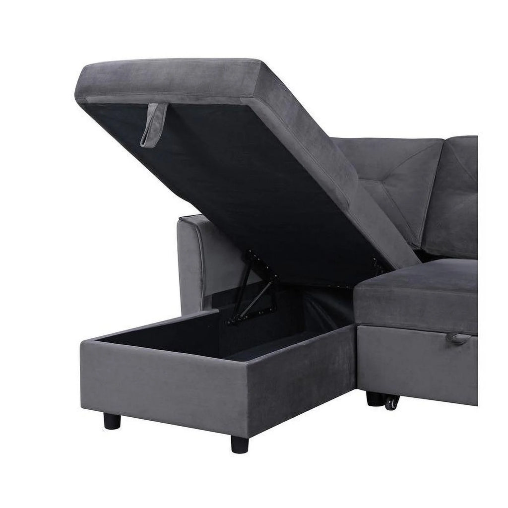 Dark Gray Velvet Reversible Sleeper Sectional Sofa with Storage Chaise D9729
