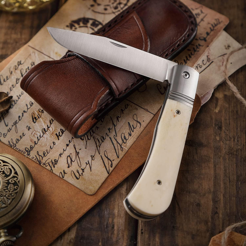 Folding Pocket Barlow Knife with Leather Sheath, 3in Bohler M390 Steel Blade, TC4 Ti Alloy & OX Bone Handle R557