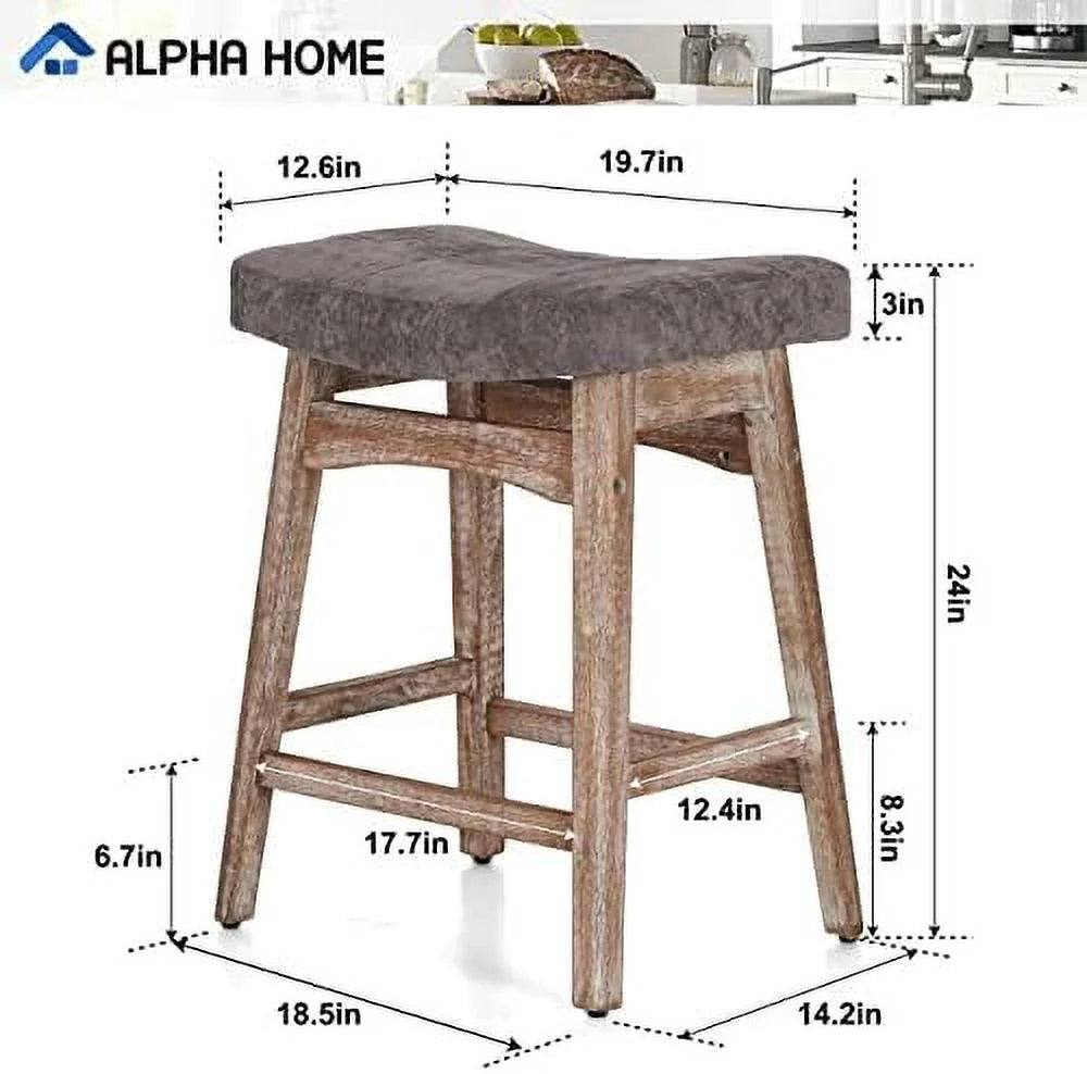 Solid Wood Saddle Kitchen Stool with Grey Linen Fabric Cushion Counter Height Barstool, 24 Inch B406