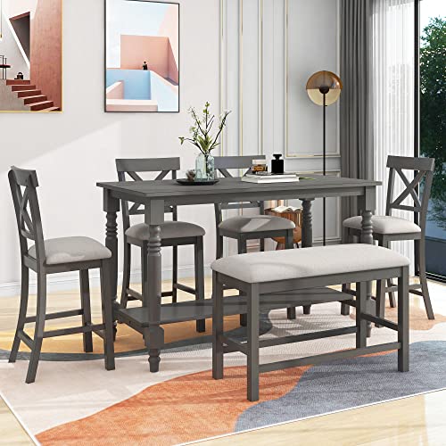 6-Piece Counter Height Table with Shelf 4 Chairs and Bench Gray I7314