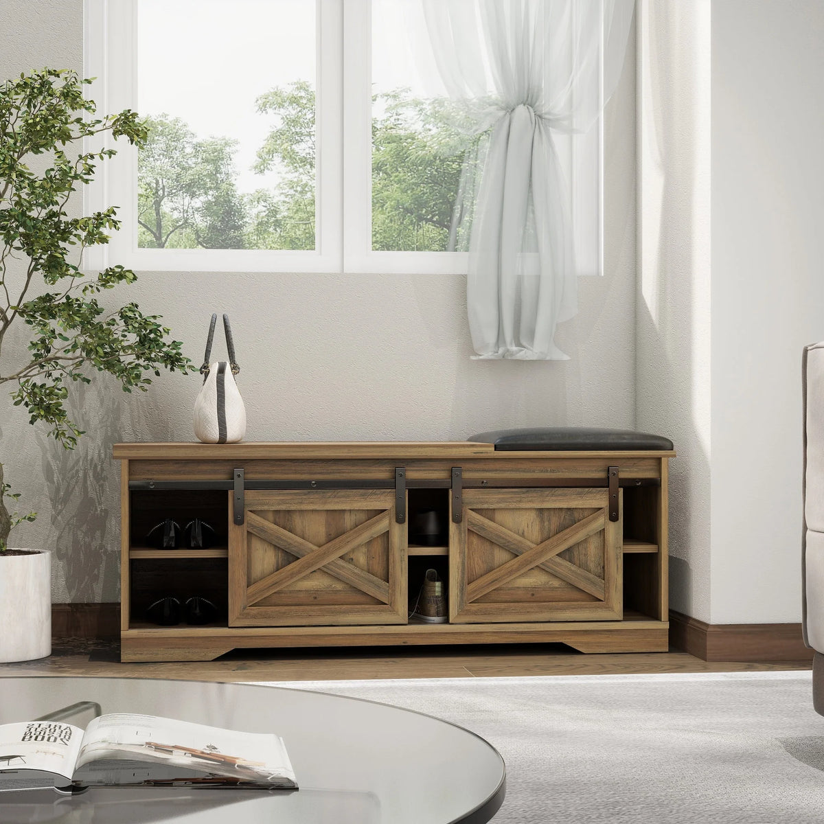 Brown Shoe Storage Bench with Cushion and Doors L82573