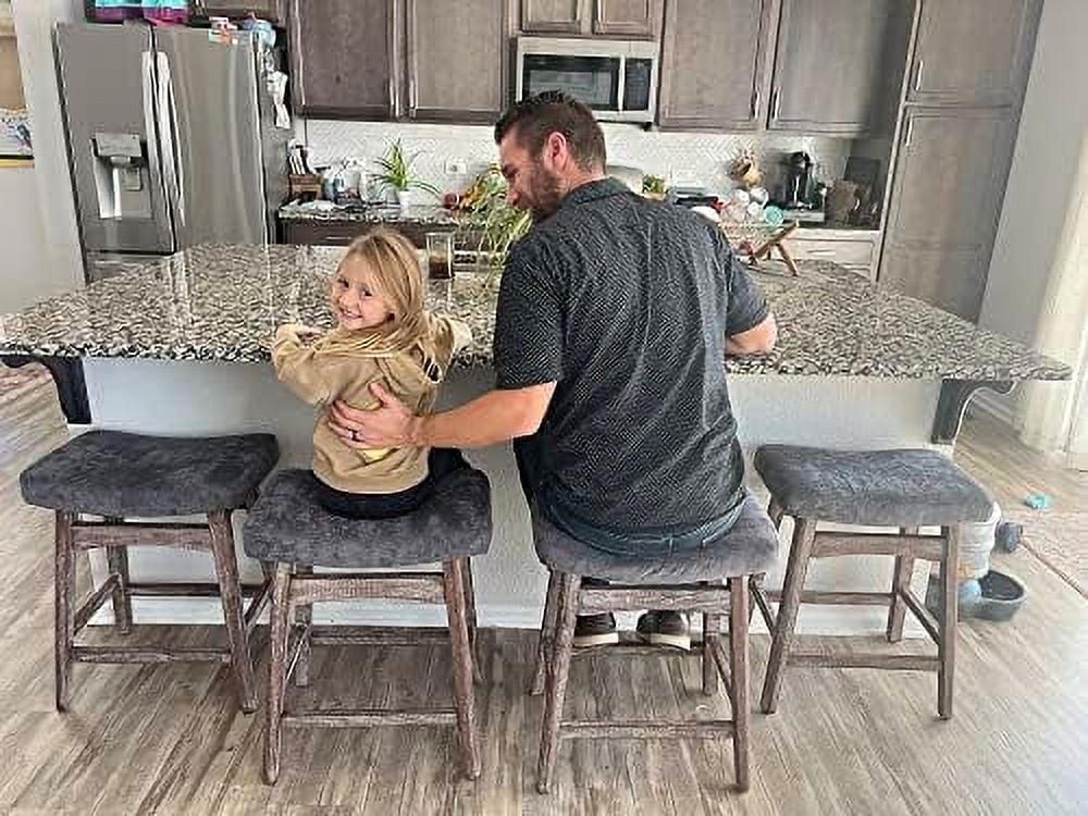 Solid Wood Saddle Kitchen Stool with Grey Linen Fabric Cushion Counter Height Barstool, 24 Inch B406