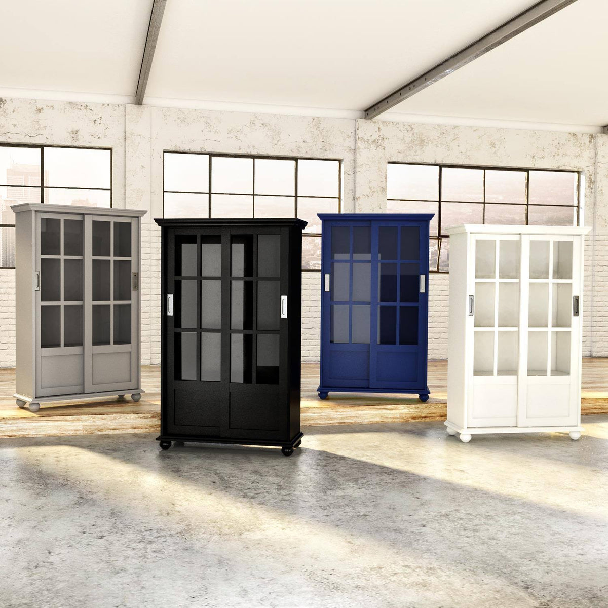 White Bookcase with Sliding Glass Doors Z412530