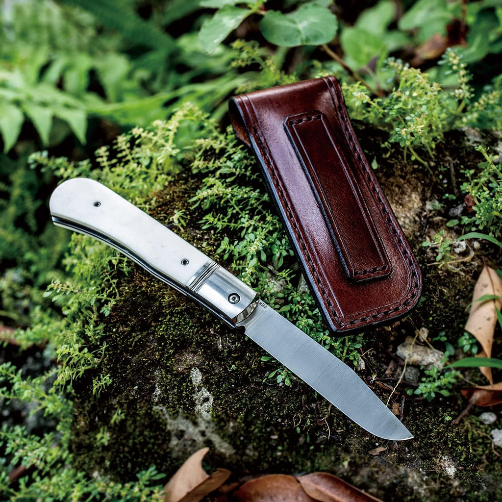 Folding Pocket Barlow Knife with Leather Sheath, 3in Bohler M390 Steel Blade, TC4 Ti Alloy & OX Bone Handle R557