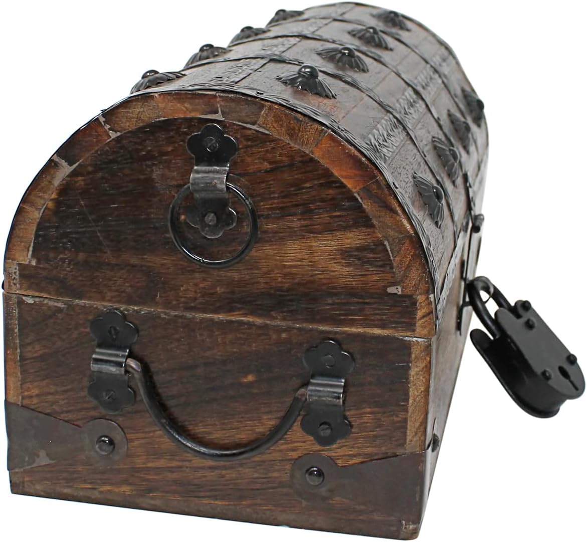 Pirate Treasure Chest with Iron Lock and Skeleton Key Wooden Storage Box A84938