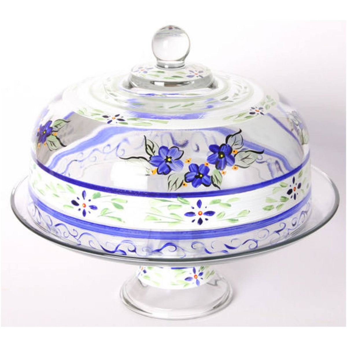 Blue Floral Hand Painted Glass Large Cake Dome L306