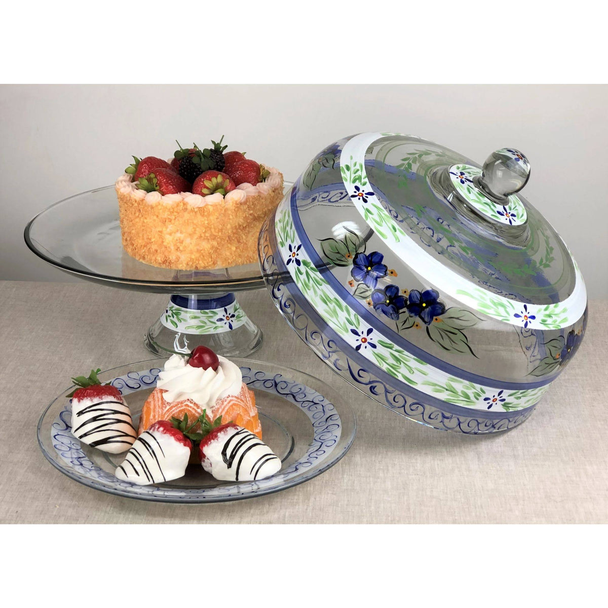Blue Floral Hand Painted Glass Large Cake Dome L306