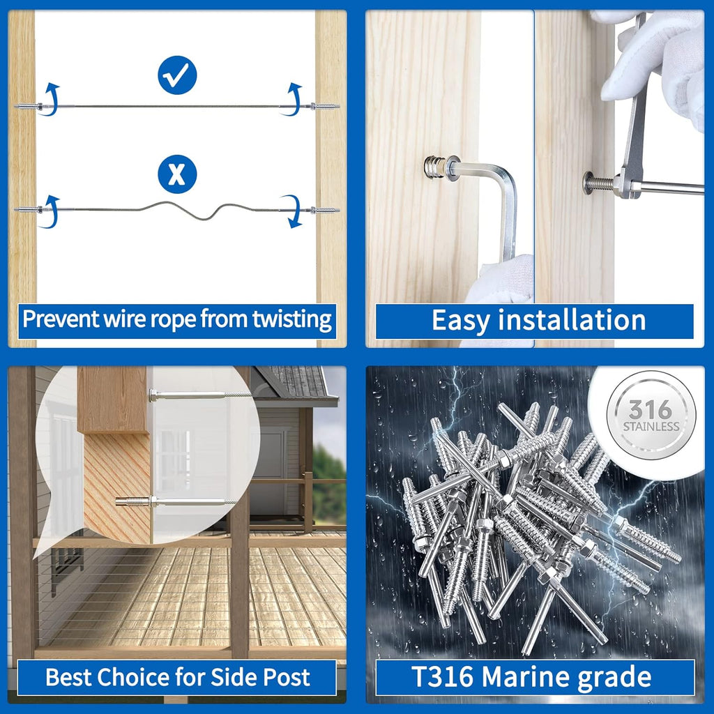 10Pair 3/16 T316 Cable Railing Kit Threaded Stud Hardware Y265