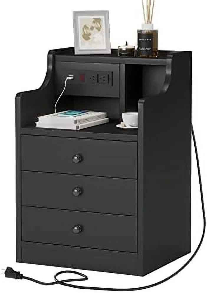 Black 3 Drawer Wood Nightstand with Charging Station J895