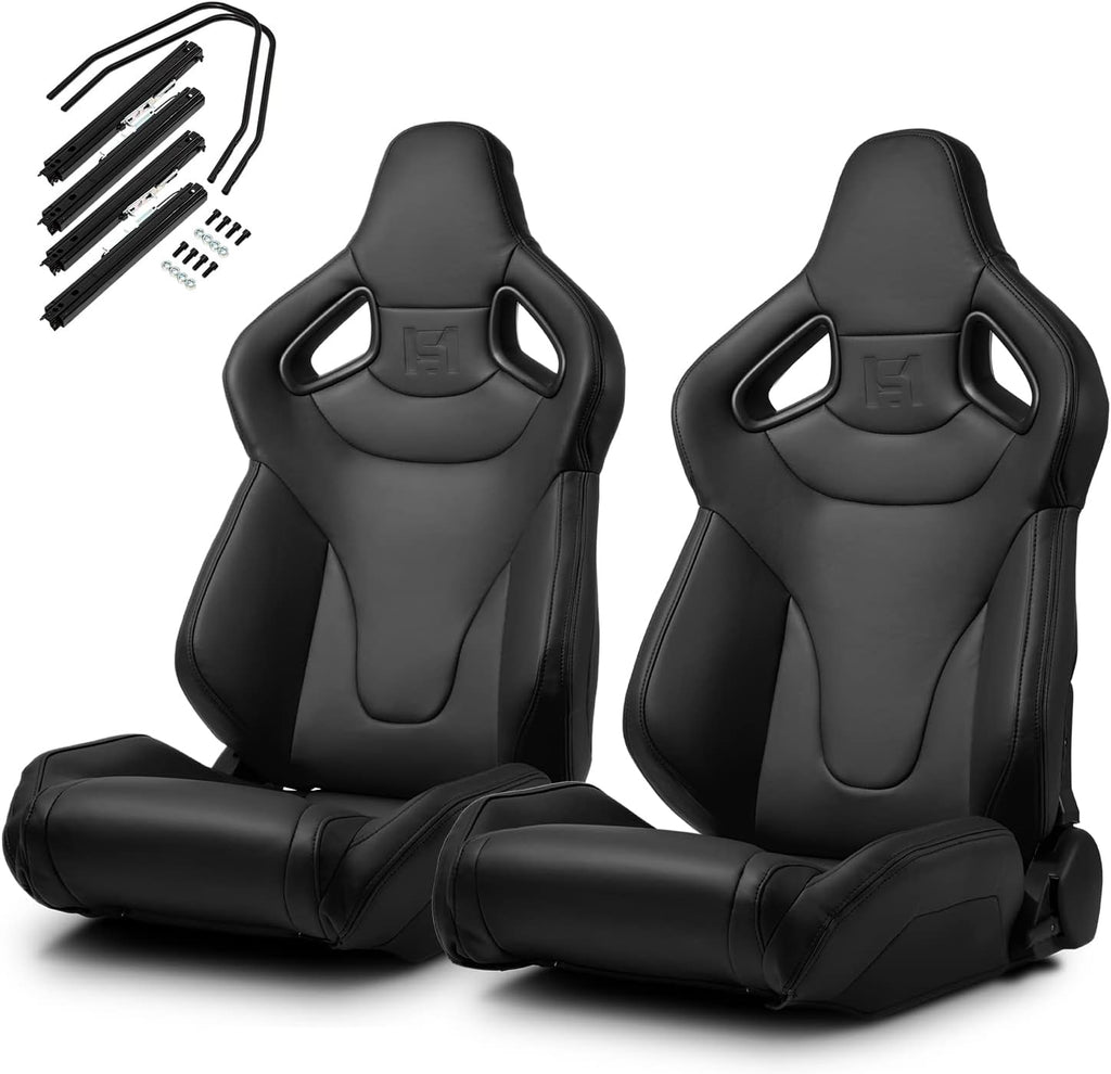 1 Pair Universal Black Carbon Fiber Leather PVC Racing Seats with Slider R8532