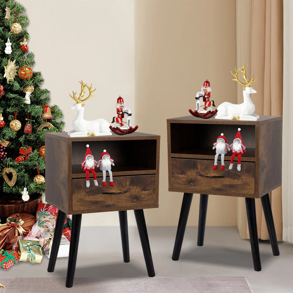 Set of 2 Nightstand with Drawer and Shelf, Wood Frame and Metal Legs, Brown R60430
